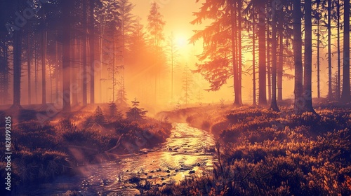 A forest with a stream or river running through it. Sunset and the sun shines through the trees with a warm yellowish light. The trees are lush and green. A natural backdrop. Illustration for design.