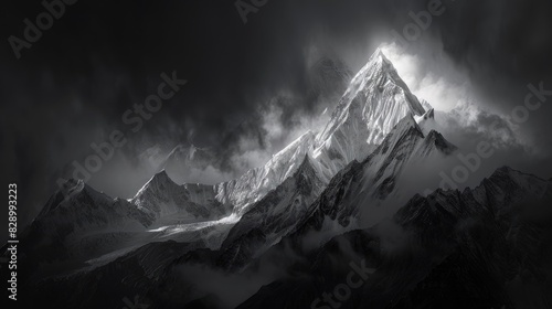 Snow capped peak of a dark mountain photo