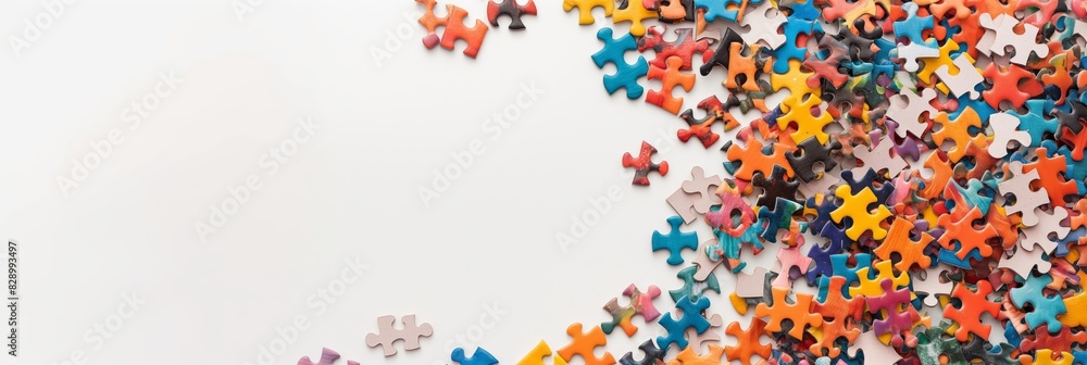 A wide array of vibrant jigsaw puzzle pieces spread out with empty space for text