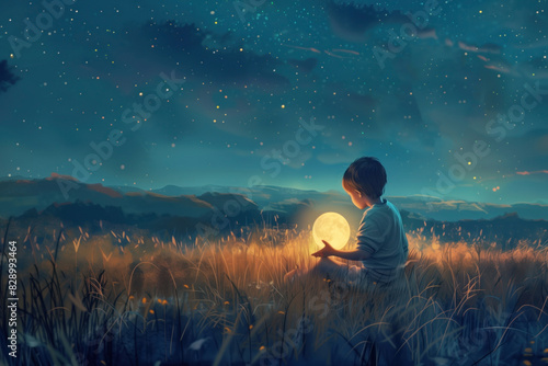 Digital painting of night scene showing a boy with a big moon on meadow, digital art style,art illustration.