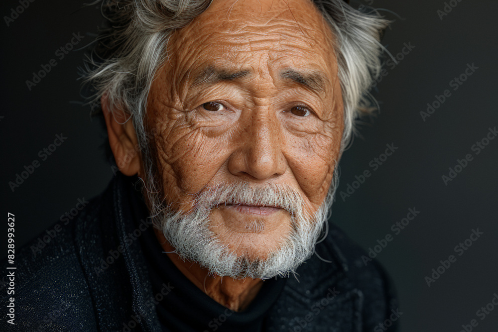 Asian 70-80 years old man with grey hair and beard against dark gray background with copy space Asian 70-80 years old man with grey hair and beard against dark gray background with copy space