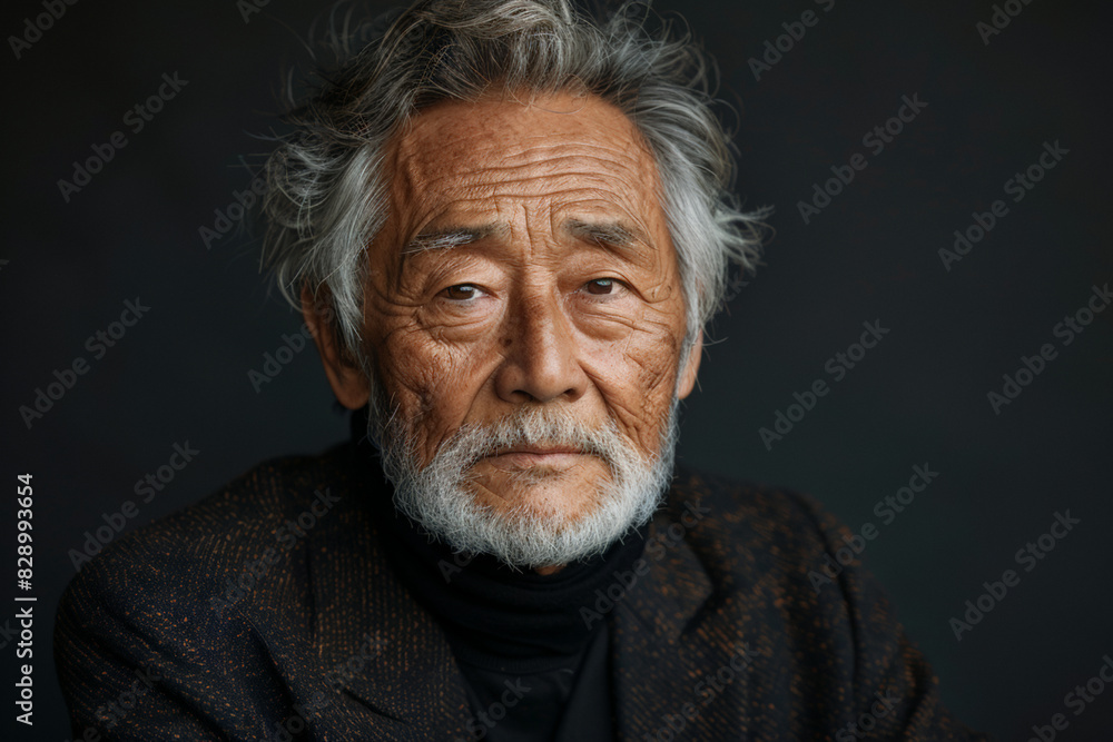 Asian 70-80 years old man with gray hair and beard against dark gray background with copy space Asian 70-80 years old man with gray hair and beard against dark gray background with copy space