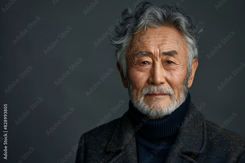 Elderly asian man in black turtleneck sweater against dark gray background with copy space Elderly asian man in black turtleneck sweater against dark gray background with copy space