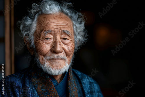 Asian 80-90 years old man with white hair and blue kimono against blurred background with copy space