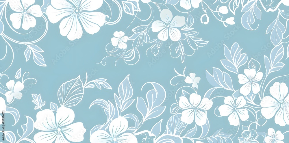 Fototapeta premium Vector illustration of a beautiful vintage retro wallpaper white floral pattern on a blue background, Vintage decorative element,