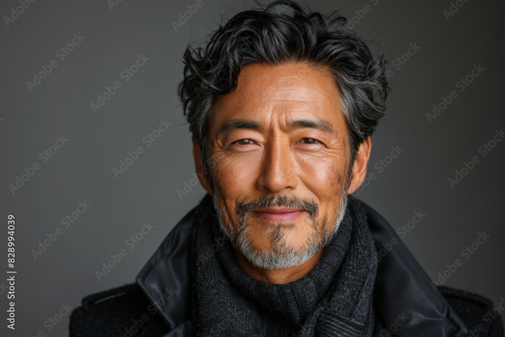 Asian 50-60 years old man in black jacket and scarf against dark gray background with copy space Asian 50-60 years old man in black jacket and scarf against dark gray background with copy space