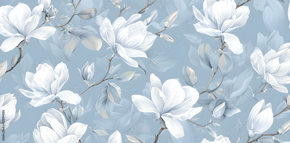 Fototapeta premium Vector illustration of a beautiful vintage retro wallpaper white floral pattern on a blue background, Vintage decorative element,