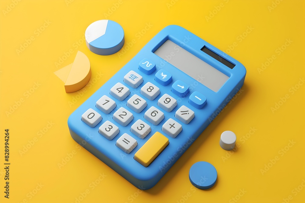 3D render of blue calculator, circle and pie chart icons on yellow background
3D render of blue calculator, circle and pie chart icons on yellow background