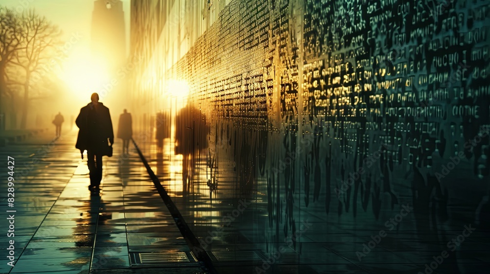 Honoring Fallen Heroes: Memorial Wall Engraved with Soldier Names in Double Exposure Silhouette Reflection, Somber Colors, Copy Space for Text. Honoring Fallen Heroes: Memorial Wall Engraved with Soldier Names in Double Exposure Silhouette Reflection, Somber Colors, Copy Space for Text.
