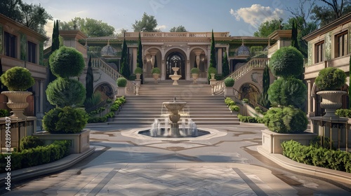 A luxurious estate entrance with a sweeping driveway, elegant fountains, and symmetrically designed topiaries on either side of a grand staircase.
