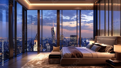 A luxury bedroom with a large panoramic window offering a stunning cityscape view, featuring a plush king-sized bed and high-end decor.