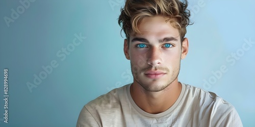 Handsome young man with blue eyes in a beige tshirt. Concept Fashion, Portrait, Clothing, Male, Blue Eyes