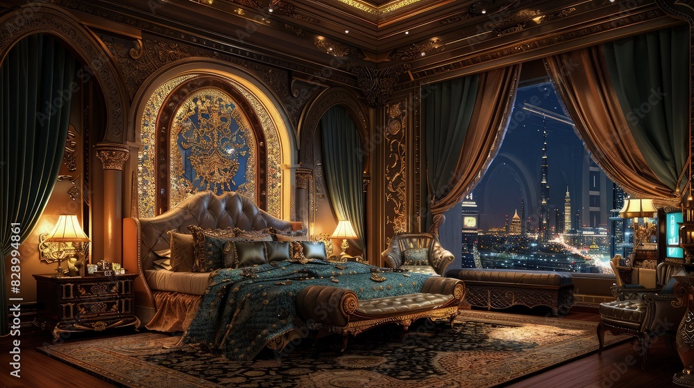 A majestic luxury bedroom with an ornate window design, showcasing a city's night lights, paired with a deluxe bed and opulent furnishings.