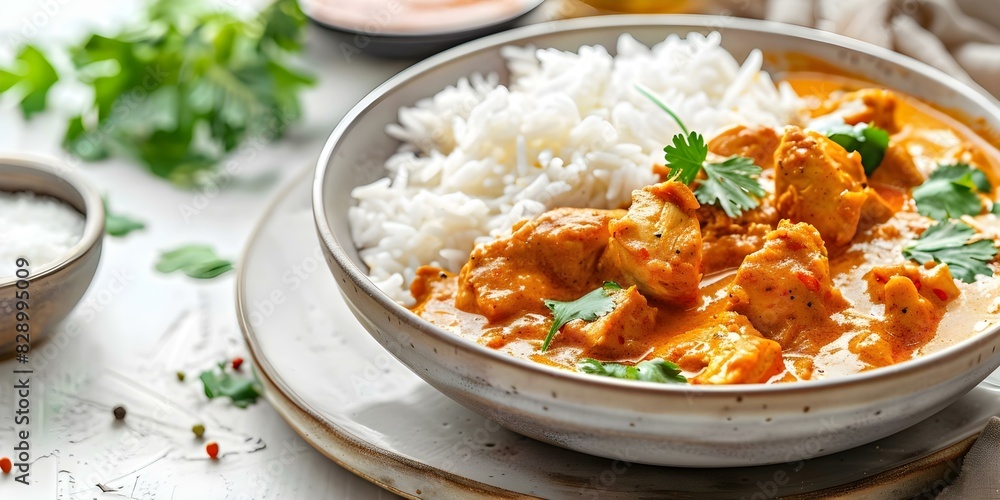 Delicious Spicy Chicken Tikka Masala Curry with Rice on a White Background. Concept Food Photography, Indian Cuisine, Spicy Chicken Recipe, White Background, Delicious Meal