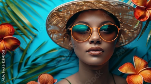 Woman Wearing Sunglasses and Flower Hat