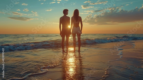 Man and Woman Standing on Beach at Sunset