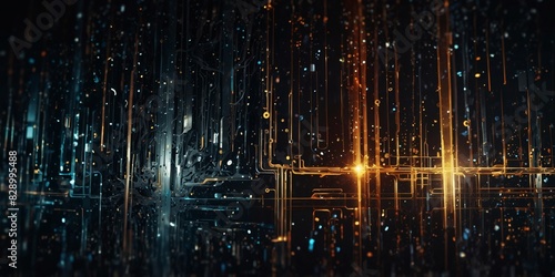 Cybernetic abstract background showcasing metallic structures and digital particles in motion.