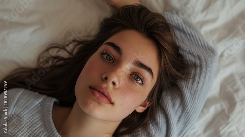 photo of young woman with natural make up lay insomniac on the bed, look up to the ceil photo