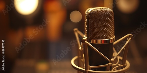 Close-up of a professional studio microphone with a blurry bokeh background, emphasizing focus on music production