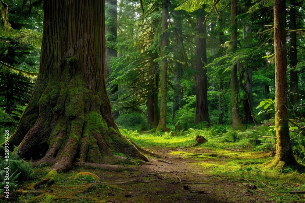 Old Growth Forest in Cathedral Grove, Vancouver Island. A Lush Green Nature Landscape Old Growth Forest in Cathedral Grove, Vancouver Island. A Lush Green Nature Landscape