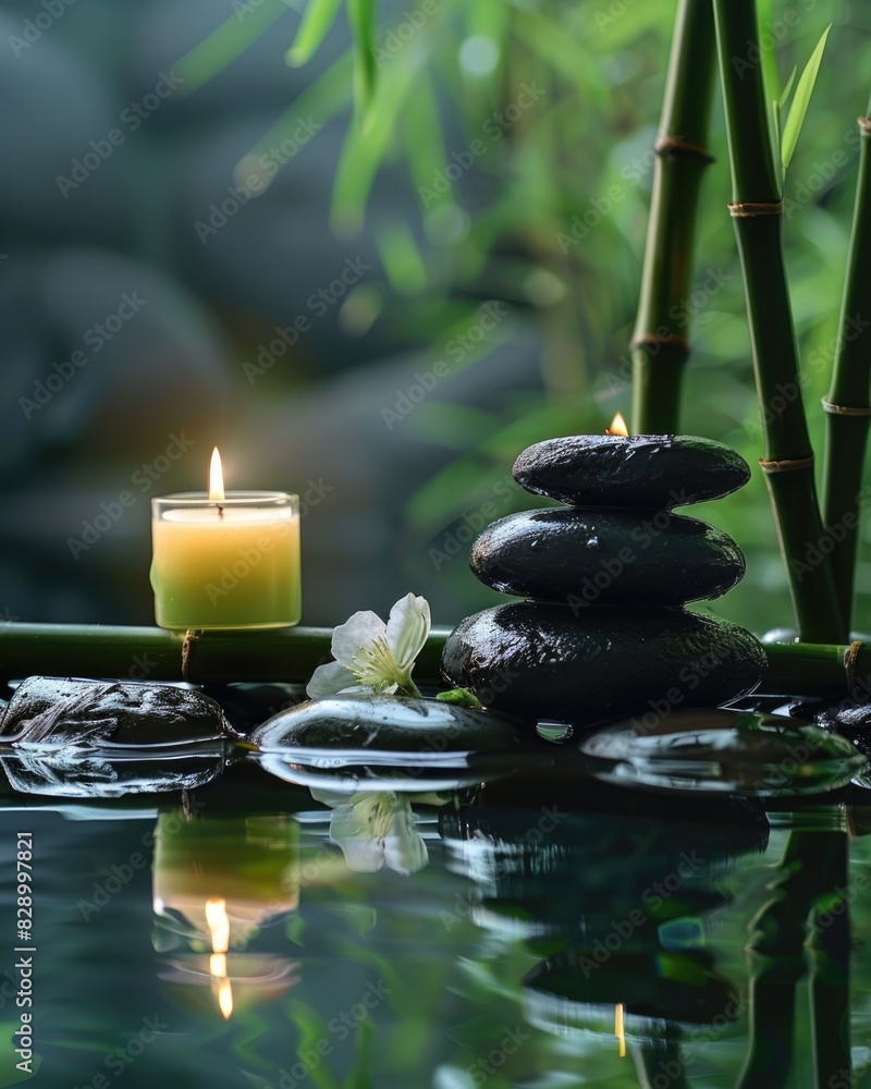 Green Background Spa. Serene Still Life with Bamboo, Candle, and Stone in Nature Green Background Spa. Serene Still Life with Bamboo, Candle, and Stone in Nature
