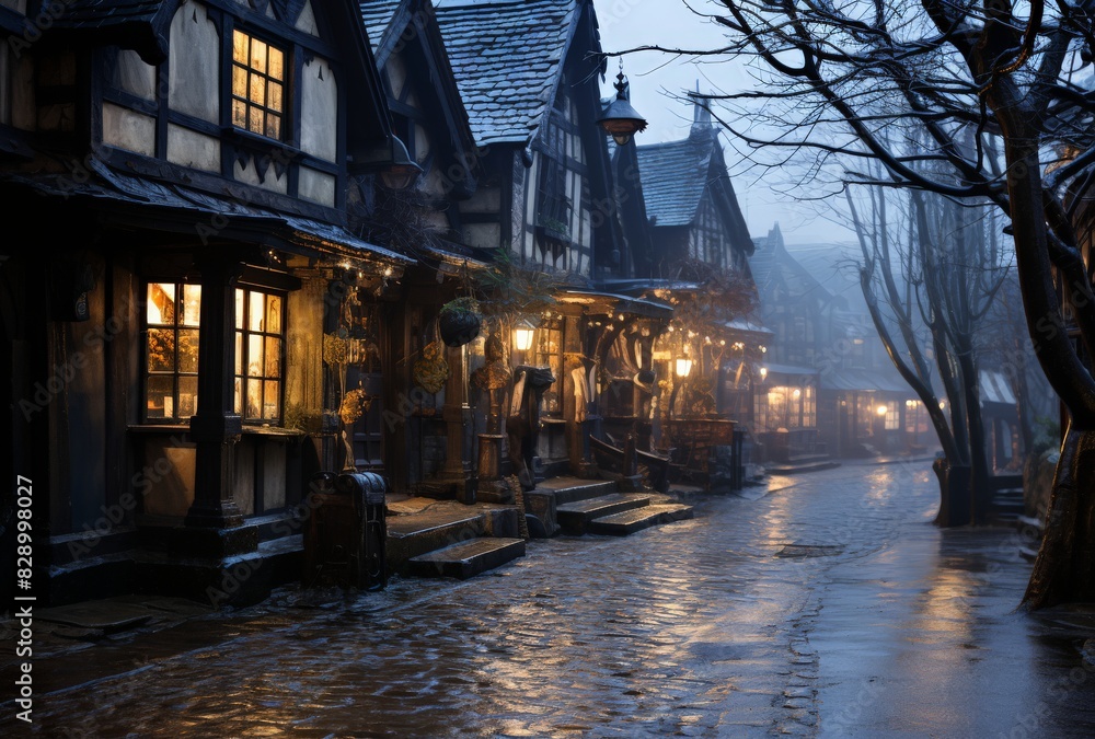 Obraz premium Night Street Scene with Wet Cobbled Stones and Illuminated Buildings