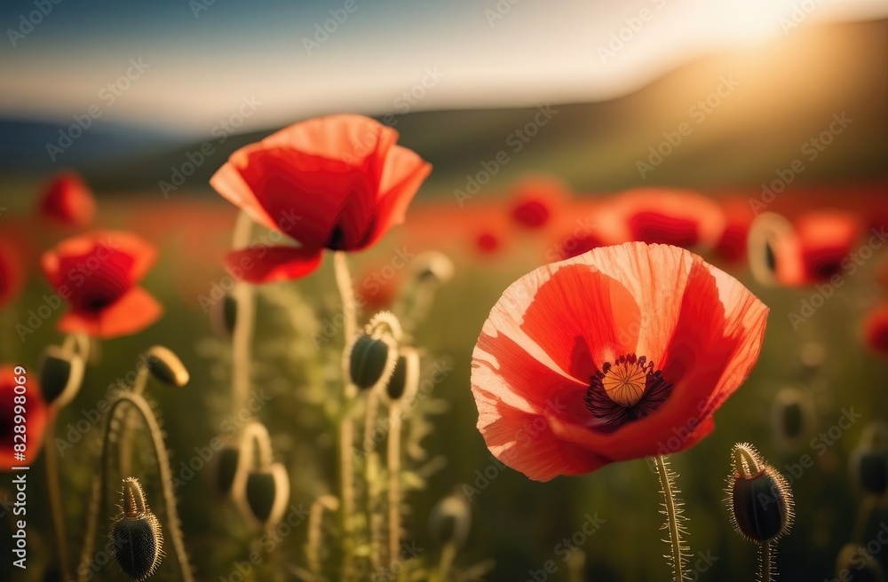 Fototapeta premium Red flowers of poppies in the field in the rays of the sun, sunset. The cinematic effect.