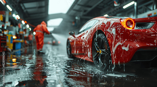 Photorealistic Scene of Red Sports Car Being Washed with High Pressure Water   © ANOUAR