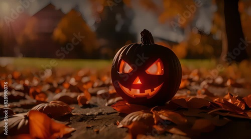 realistic close up pumpkin lantern with spooky light effect, halloween celebration background in autumn, 4k resolution footage, generate ai