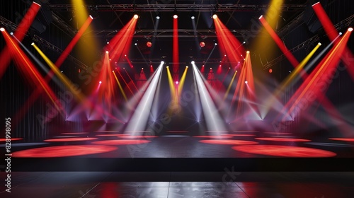 A modern stage with sleek black flooring and a series of spotlights casting vibrant red, green, and yellow lights, setting a dynamic and inviting scene for an event.