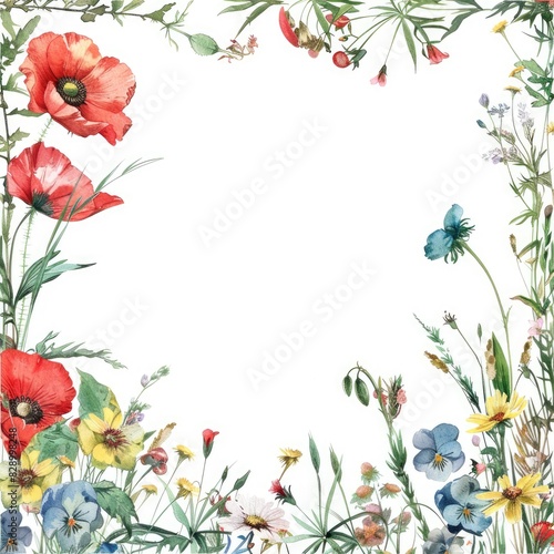 Water Color Flowers Frame. Botanical Summer Meadow in Vintage Spring Square Background