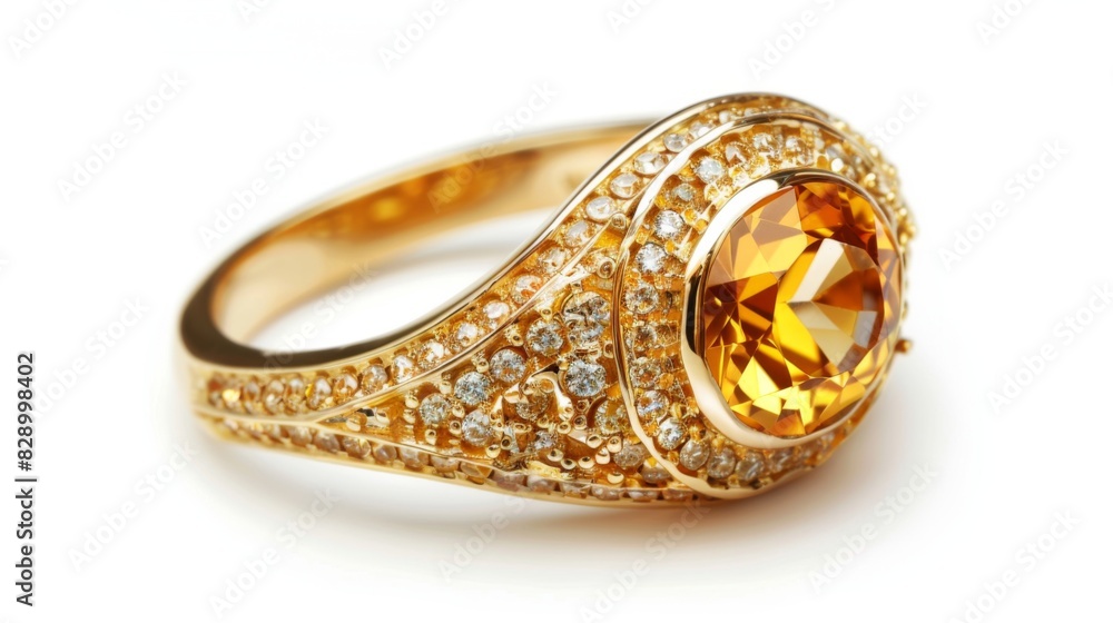 Golden ring with diamonds on white background. Jewelry luxurious accessory Golden ring with diamonds on white background. Jewelry luxurious accessory