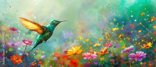 A green bird soars gracefully above a vibrant field of colorful flowers