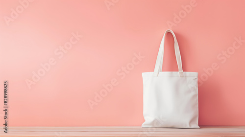 Minimalist White Tote Bag on Pink Background. Blank Canvas Tote Bag on Wooden Surface with Pink Wall