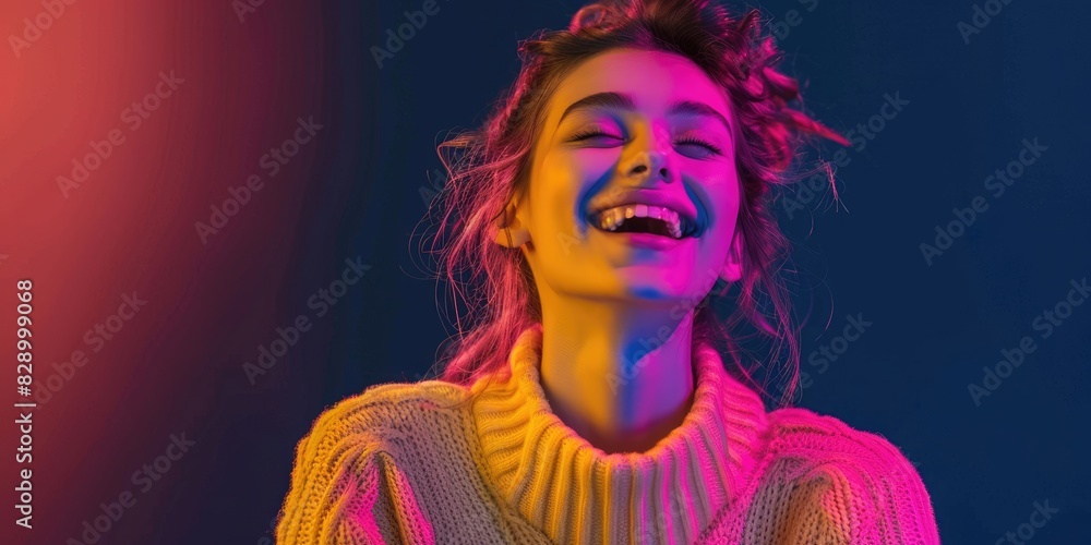 Obraz premium Black Friday Sales. Attractive Caucasian Woman Shopping for Business Sales in Beautiful Neon Background