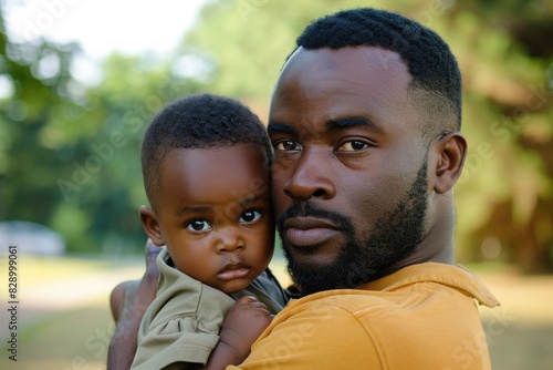 Black Dad: African American Father Carrying Baby Son Outdoors © Serhii