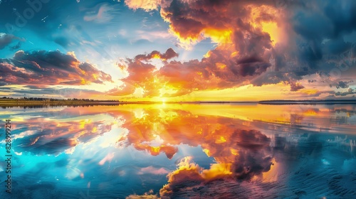 A panoramic view of a sunset at a northern European lake coast, with the sky transitioning from blue to a burst of yellow and orange hues, mirrored perfectly in the lakea??s surface. photo