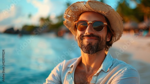 Man Wearing Hat and Sunglasses on Beach