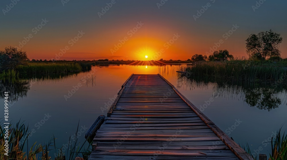 A peaceful evening with the sun setting over a wooden boardwalk in Ciudad Real, the sky painted in shades of orange and pink, reflecting gently on a still lake.