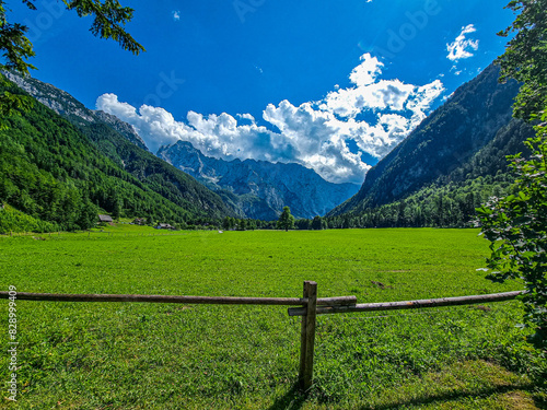 View of the Logar Valley in Slovenia, the most beautiful glacial valley in the Alps. Natural sunlight. photo