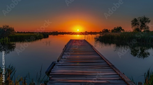 A peaceful evening with the sun setting over a wooden boardwalk in Ciudad Real, the sky painted in shades of orange and pink, reflecting gently on a still lake. © Sundas