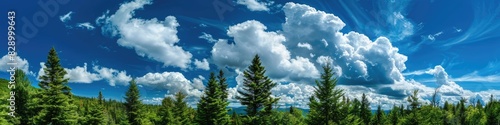Tree Tops And Blue Sky. Scenic Background with Green Countryside Trees and Clouds
