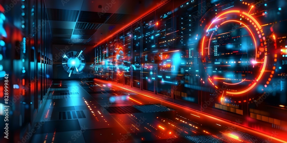 Futuristic server room with digital panels leading to target symbol. Concept Technology, Server Room, Futuristic Design, Digital Panels, Target Symbol Futuristic server room with digital panels leading to target symbol. Concept Technology, Server Room, Futuristic Design, Digital Panels, Target Symbol