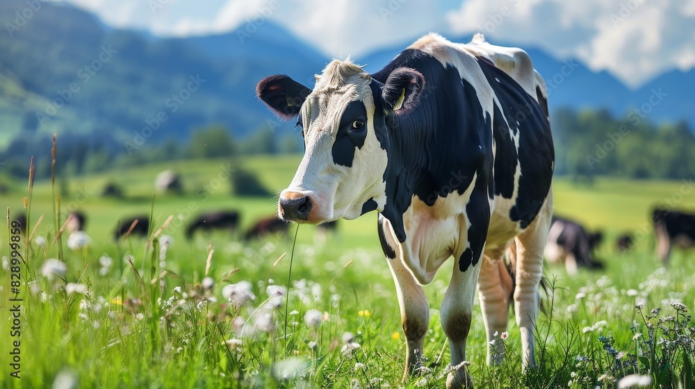 A cow is standing in a field of flowers next to a mountain A cow is standing in a field of flowers next to a mountain