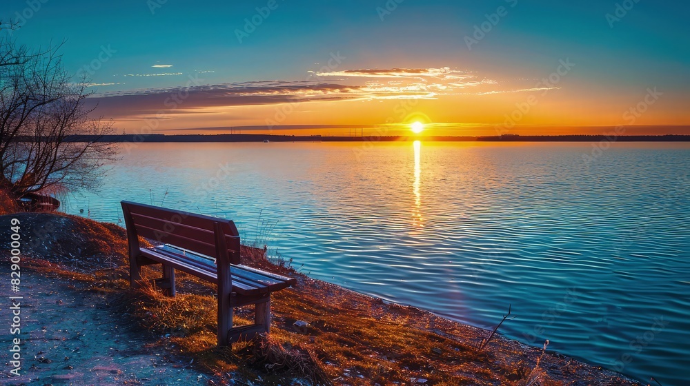 A picturesque sunset at a northern European lake, with a lone bench on the shore offering a perfect view of the suna??s reflection in the calm blue waters, surrounded by the tranquil sounds of nature.