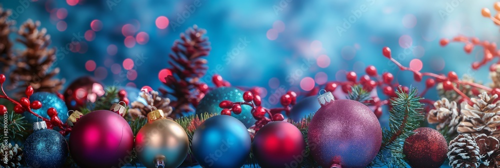 Fototapeta premium Panoramic image of vibrant Christmas decorations and pine cones against a blue, festive backdrop