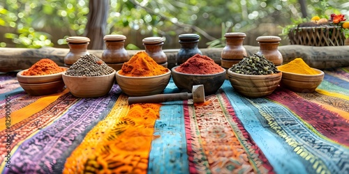 Fototapeta Naklejka Na Ścianę i Meble -  Vibrant Sri Lankan Spices and Traditional Grinding Tools Displayed on a Table Banner. Concept Sri Lankan Spices, Traditional Grinding Tools, Table Display, Vibrant Colors, Banner