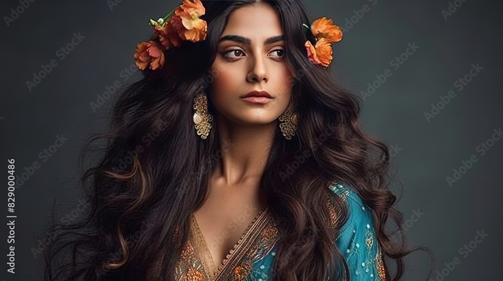 Naklejka premium Indian woman with flowers