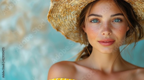 Woman Wearing Straw Hat Against Blue Background