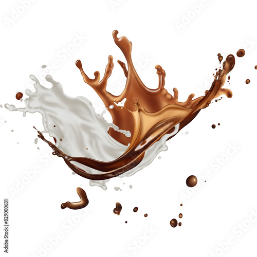 Beautiful splashes of milk and coffee isolated on transparent background. Mix of milk and coffee splashes 